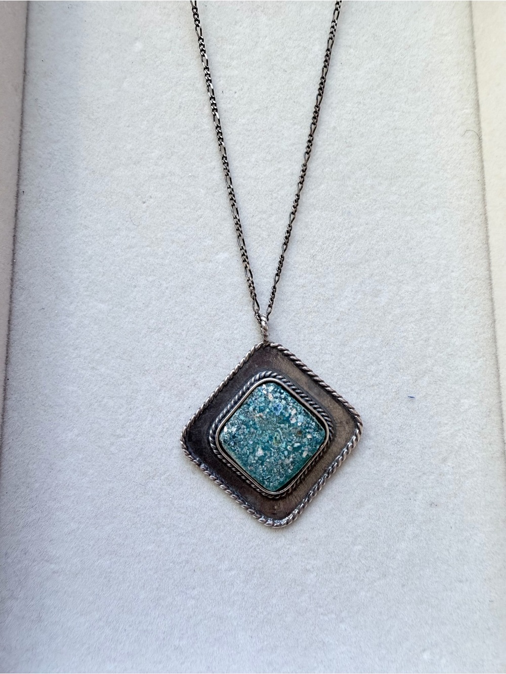 Southwestern Sterling Silver Reconstituted Turquoise Diamond Pendant 23"